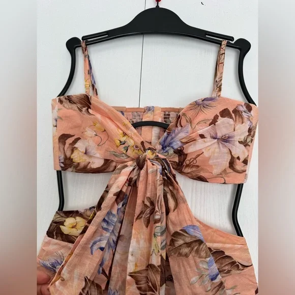 Zimmermann Coco Floral Print Bow Detail Mini Dress Peach Multi Various Size - Picture 7 of 16